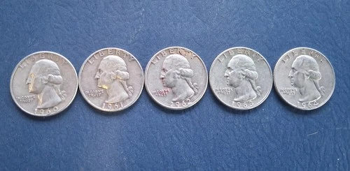(5) LOT 1960 1961 1962 1963 1964 Washington 90% silver 25 cent quarter 90 VF XF