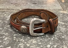 Vtg 1996 JUSTIN Belt Western Hand Tooled Silver Plated Concho 7478D Sz 38  DS 