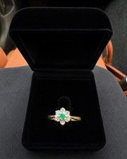 9ct Yellow Gold Emerald & Diamond Flower Cluster Ring Size M