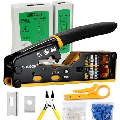 Solsop Pass Through RJ45 Crimp Tool Kit Ethernet Crimper CAT5 Cat5e Cat6 Crim...