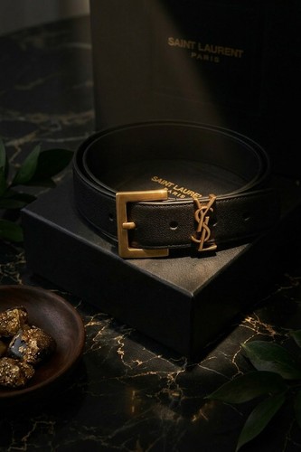 Saint Laurent YSL Monogram Square Buckle Leather Belt Black Gold - Size M/L