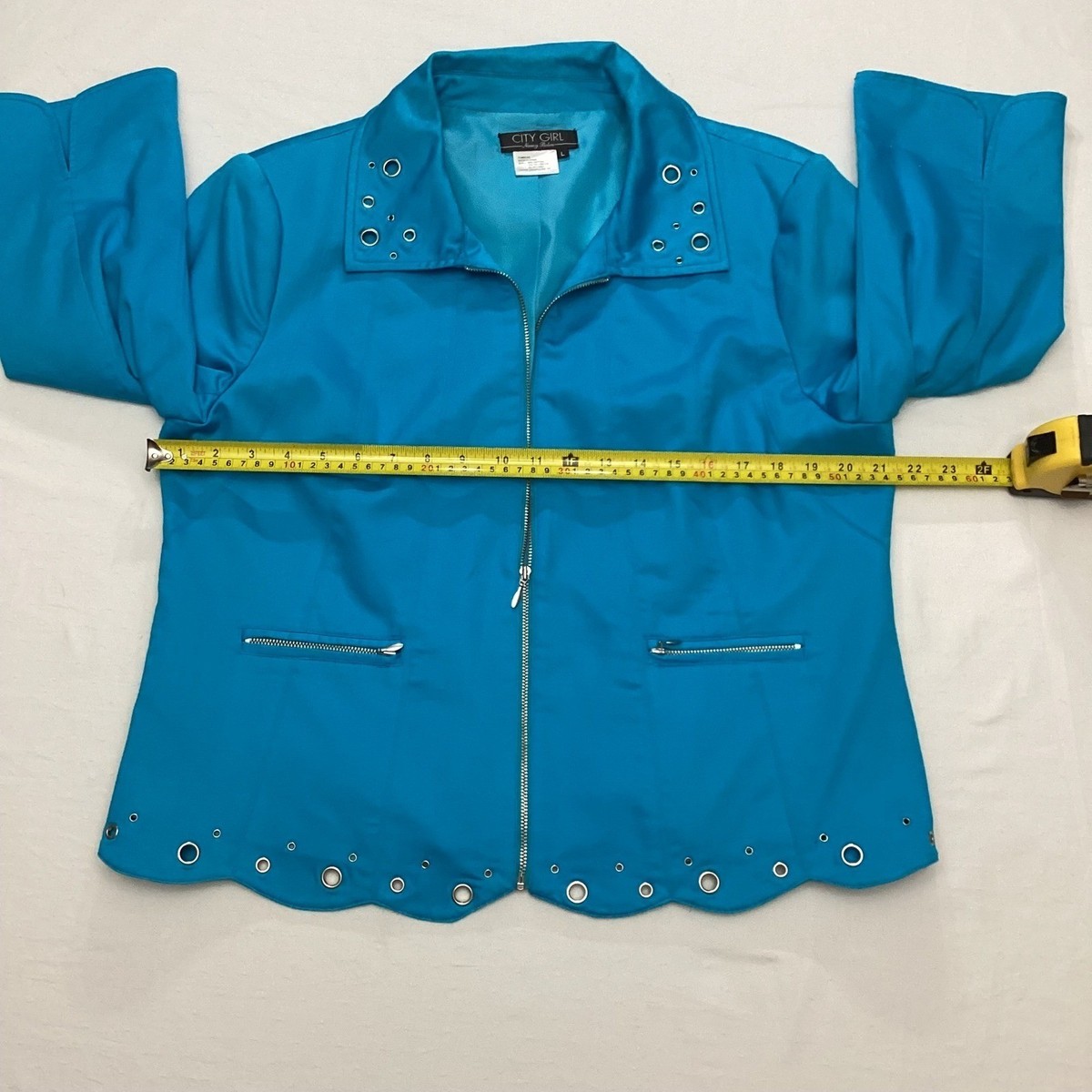 CITY GIRL Nancy Bolen Turquoise Blue Eyelet Trim Zip Front Jacket