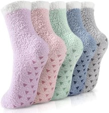 5 Pairs Fuzzy Winter Slipper Socks Women Cozy Non Slip