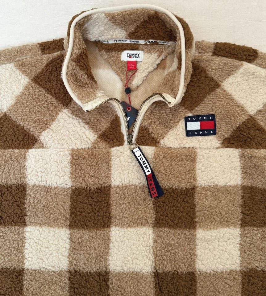 $99 Tommy Jeans Hilfiger Cuadros 1/4 Cremallera Polar Sherpa Pullover Suéter Chaqueta XL Foto 2 de 4