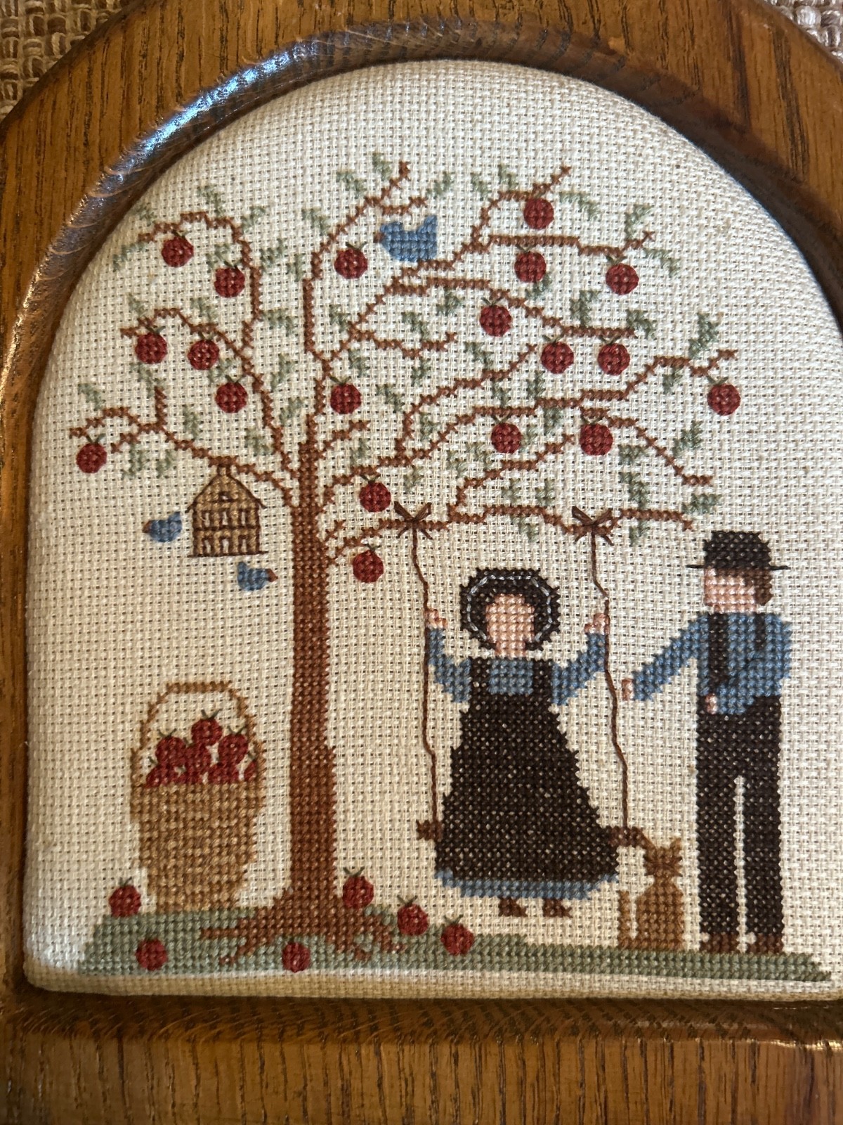 VTG 1980s Amish Coupke Cross Stitch Apple Tree Cat Blue Birds Country Home 10.25