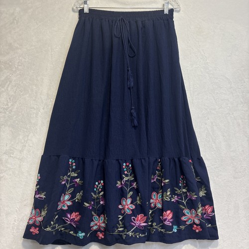 Tiered Navy Floral Embroidered Maxi Skirt Elastic Waist Size Medium? Boho