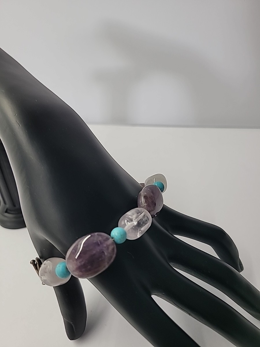 Vintage Handpicked 925 Sterling Silver Amethist Quartz Turquoise Beaded Bracelet