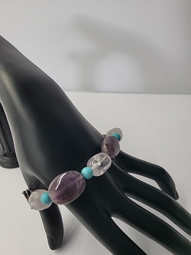 Vintage Handpicked 925 Sterling Silver Amethist Quartz Turquoise Beaded Bracelet