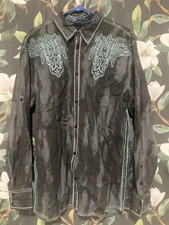 Roar Enough Excuses Men's Shirt XL Black And Grey Western Embroidered  Button-Up