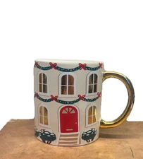 Rifle Paper Co. Christmas Home Village Porcelain Mug Bows Cottage Gold Detail