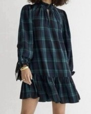 J. Crew Ruffle Puff Sleeve Black Watch Tartan Plaid Mini Shift Dress S Academia