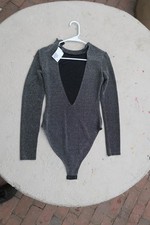 H M Sparkly Black Bodysuit with Deep V-Neck and Long Sleeves
