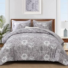 7 Piece Bed in a Bag White Floral Comforter Set Flower King 104" 90" Grey