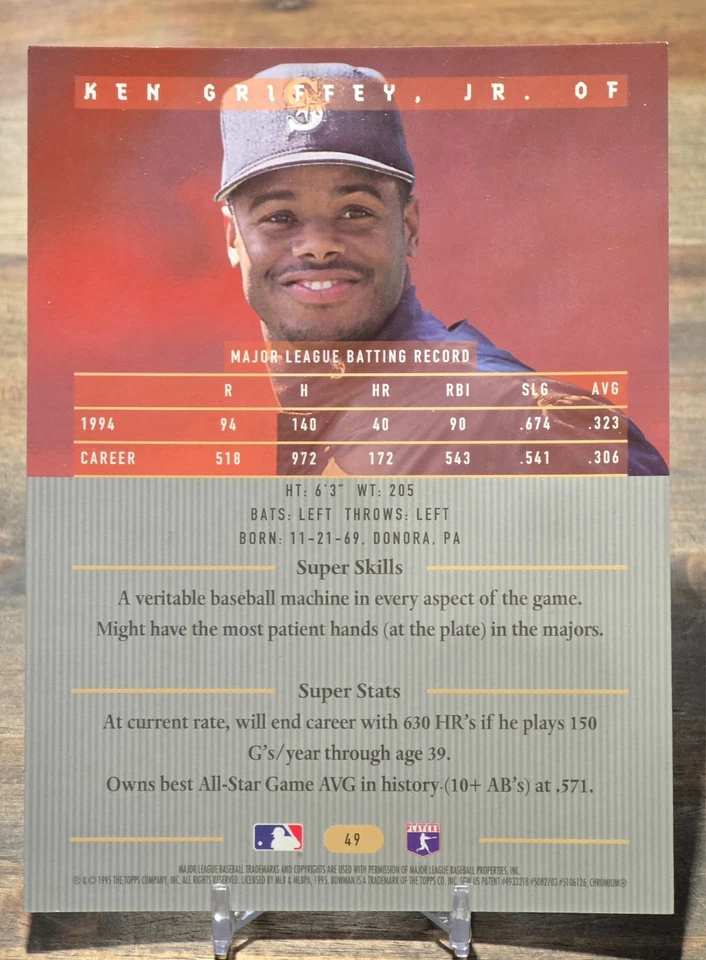 Tarjeta Ken Griffey Jr. 1995 Bowman's Best Refractor #49 JUMBO Seattle Mariners Foto 2 de 2