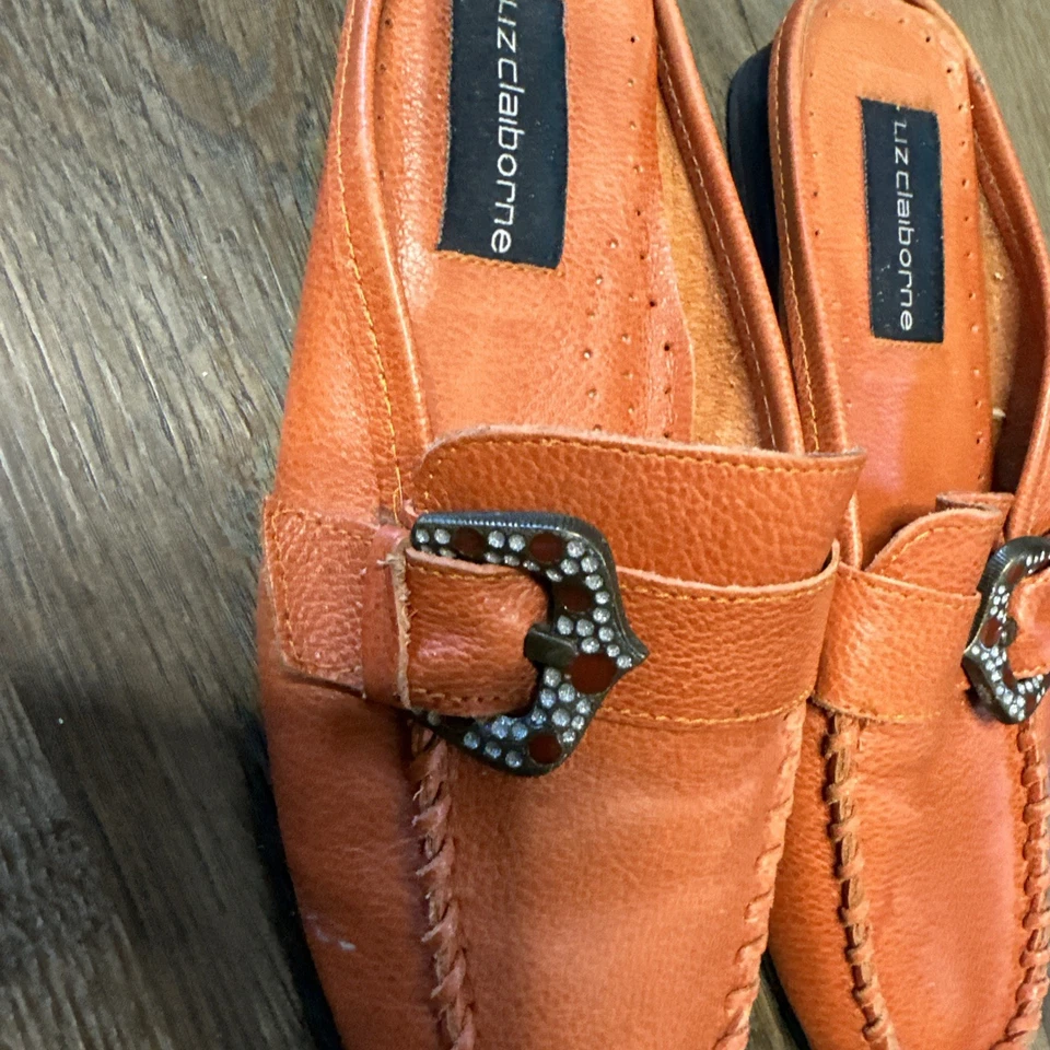Liz Claiborne Loafer Slides Mule Orange Leather Size 7 /Rhinestone Buckle Accent - Image 2 of 4