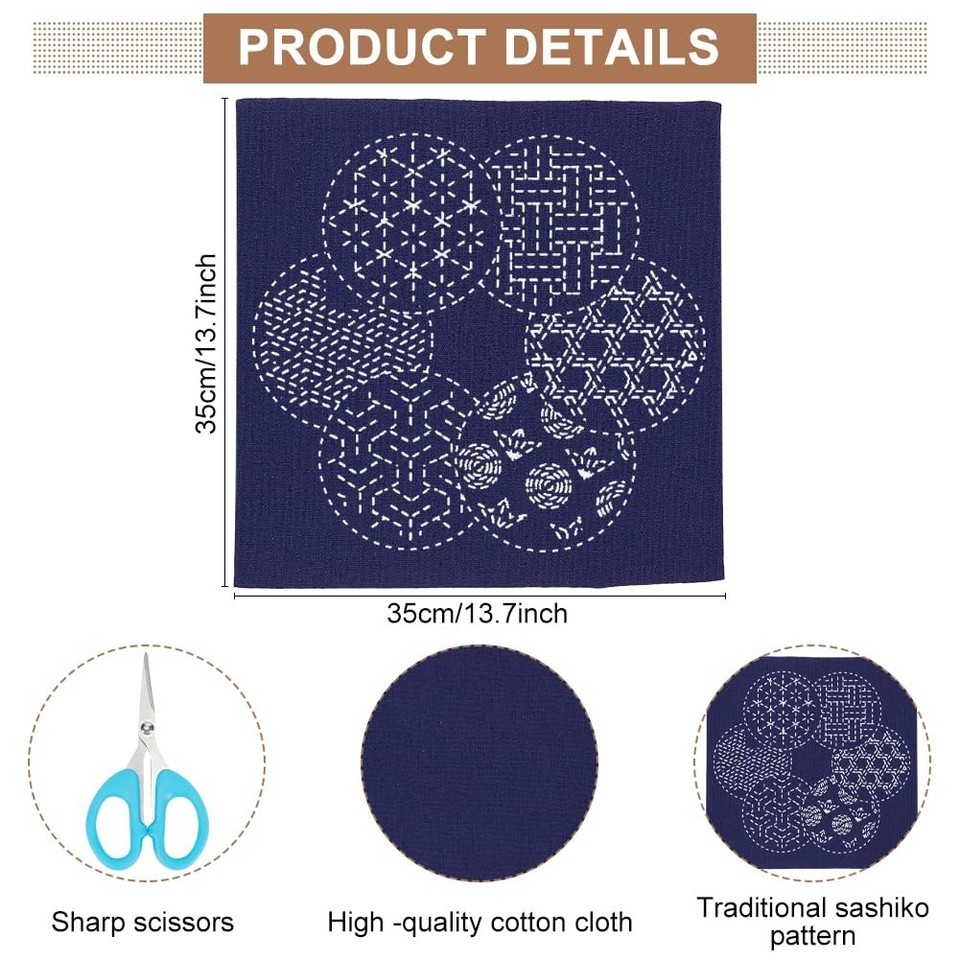 Kit Federa Sashiko Fai Da Te WEBEEDY – Ricamo Giapponese Per Principianti – 40x40 Cm Con Istruzioni