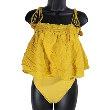 Intimately Free People Yellow Smocked Ruffle Tassel Bodysuit