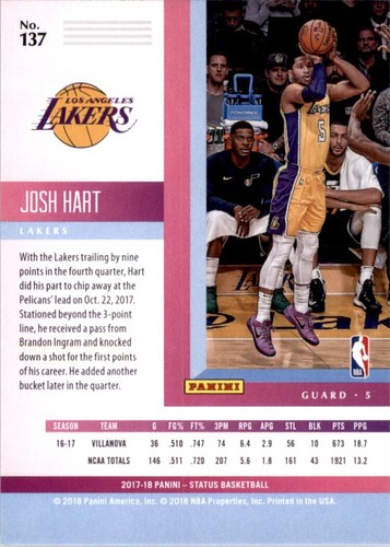 2017-18 Panini Status Orange Josh Hart Rookie Los Angeles Lakers #137 - Bild 2 von 2