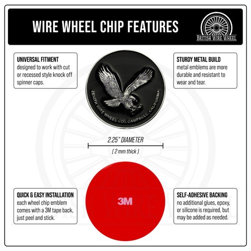 Zenith Eagle Chrome & Black Metal Wheel Chip Emblems with Spinner Caps, Set of 4 - Picture 35 of 70