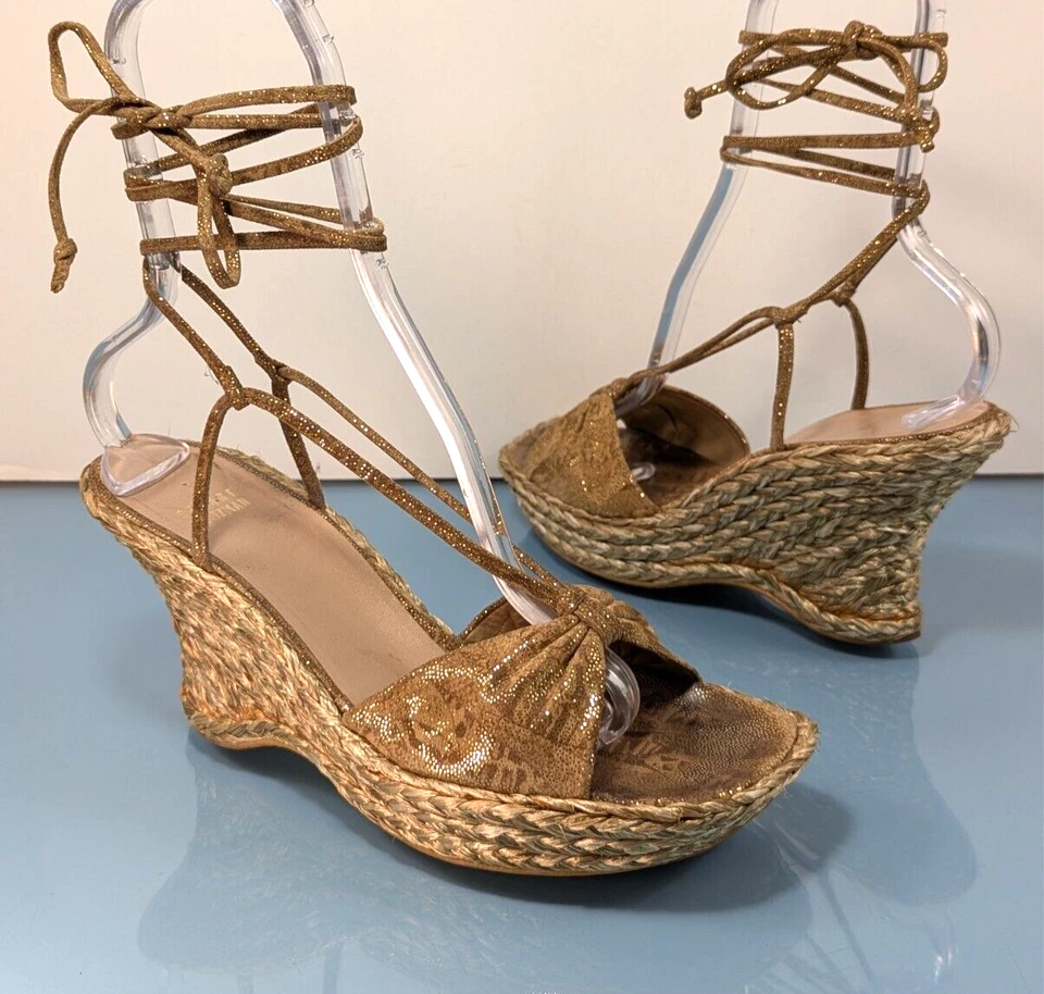 STUART WEITZMAN Womens 11M Open Toe Ankle Lace Up Wedge Heel Espadrilles Sandals - Image 2 of 4