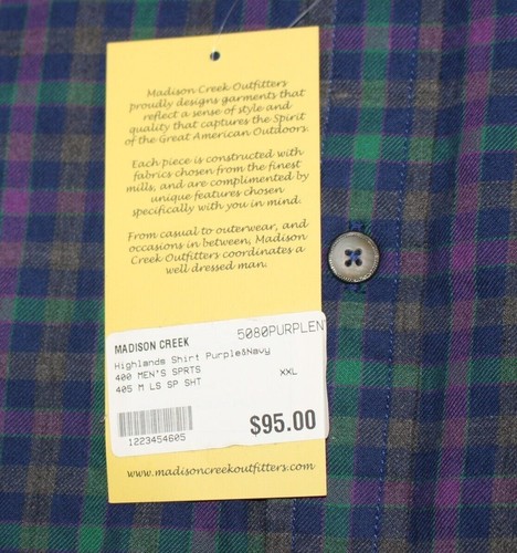 $95 New Madison Creek FLANNEL Shirt Men 2XL XXL Navy Purple Green Gingham Check - Picture 2 of 7