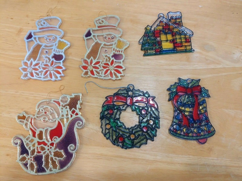 Vintage 6 Plastic  "Stained Glass" Look Christmas Ornaments 