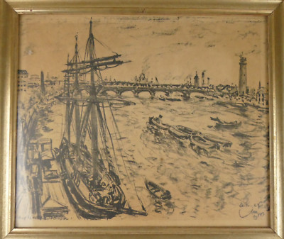 Unbekannter Künstler Kohle Hafenszene signiert 1929 41x47 cm MÄ-212
