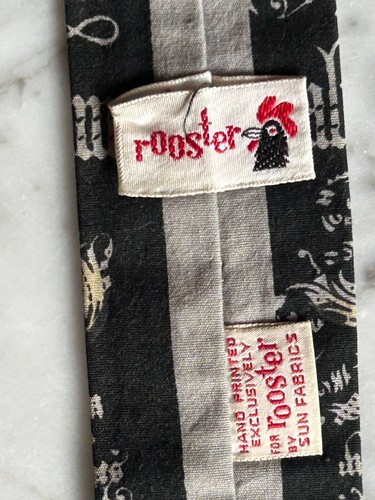 Vintage 60s ROOSTER by Sun Fabrics Square End Fabric Necktie Hand Printed 51” - Picture 4 of 9