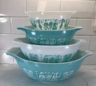 Vintage Pyrex Amish Butterprint Turquoise & White Nest 4 Cinderella Bowls