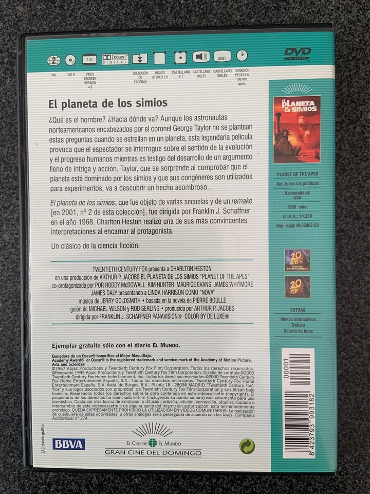 EL PLANETA DE LOS SIMIOS (1968) - DVD - 20TH CENTURY FOX - ¡MUY BUEN ESTADO! - Imagen 2 de 2