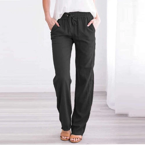 Damen Gerade Elastische Taille Hose Kordelzug Baumwolle Leinen Freizeit Lockere Hose - Bild 17 von 43