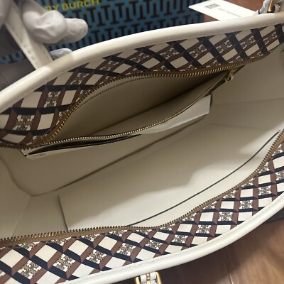 TORY BURCH Ivory Neutral Geo Logo Top Zip Tote & Shoulder