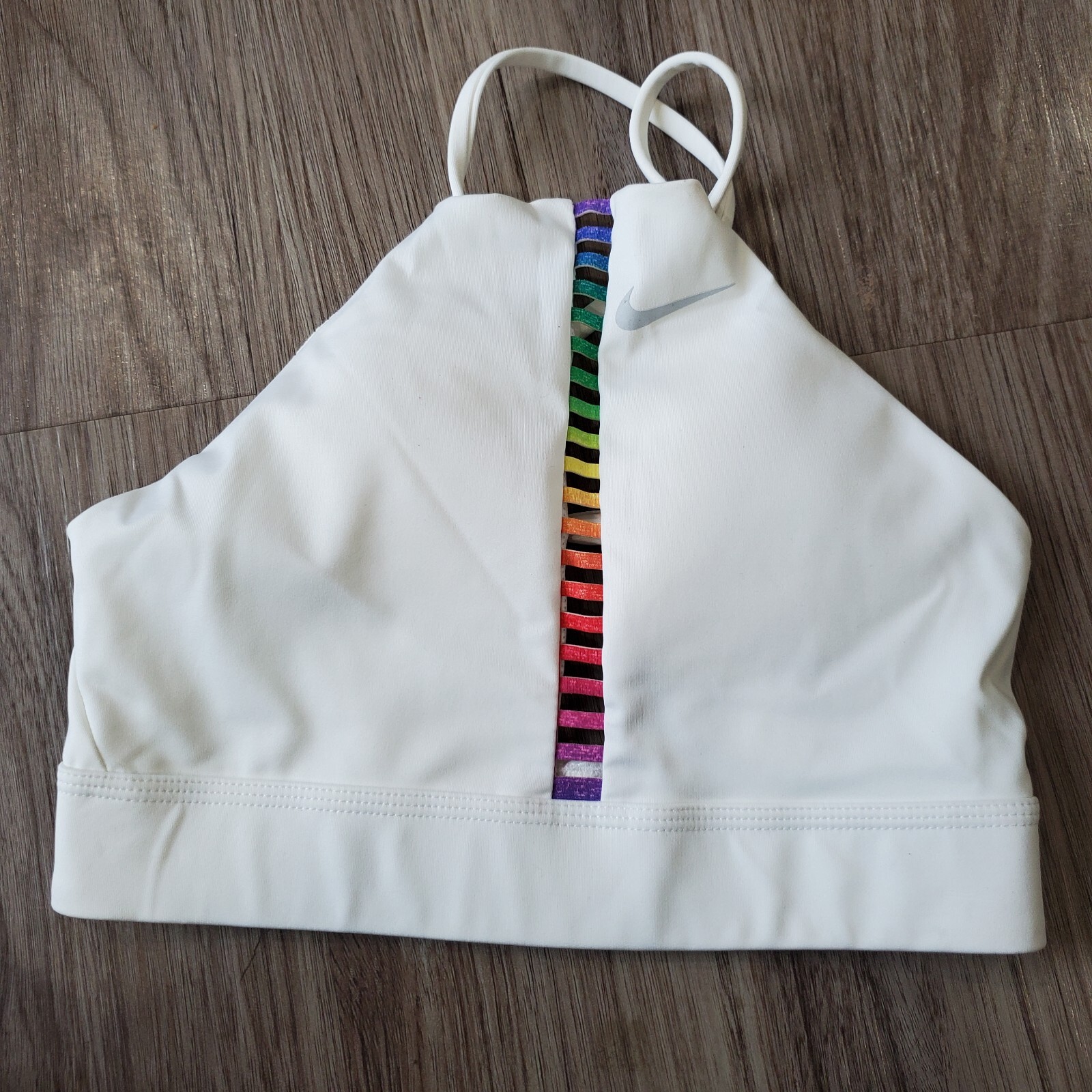 Nike Sports Bra Size XS Womens White Indy Dri fit Rainbow Ladder-image