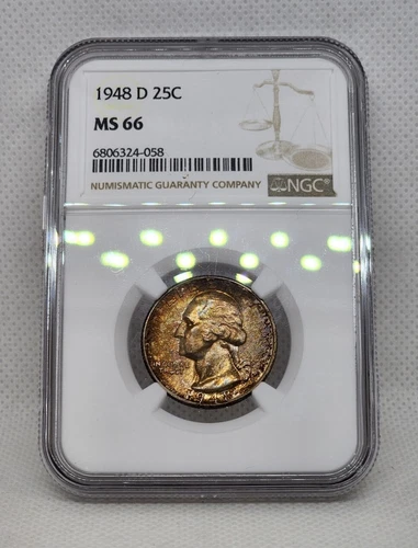 1948 D Washington Silver Quarter Graded NGC MS66 Rainbow Toned PQ Old Coin