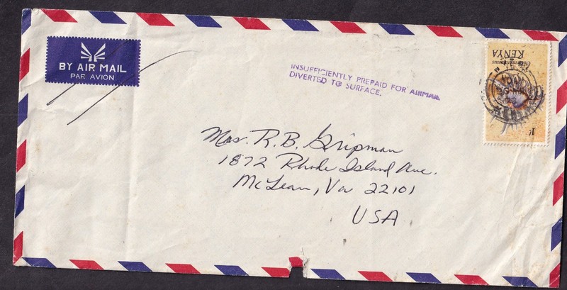 Kenya 1970's cover to USA Insufficiently prepaid for airmail diverted to surface