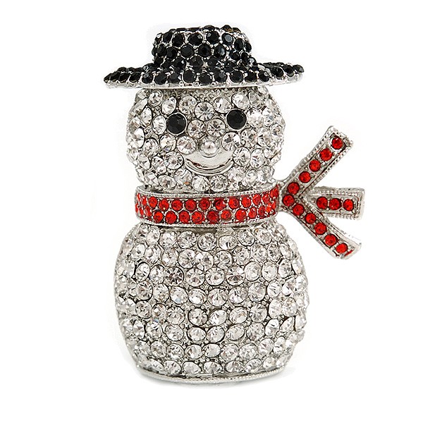 Christmas Crystal 'Snowman' Brooch In Rhodium Plating - 45mm L