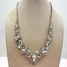 Vintage 90s Silver Tone Clear Glass Statement Necklace Cluster Bib Jewelry