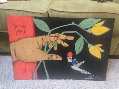 MICHAEL BANKS Outsider FOLK ART PAINTING Hand ROSE Bird 16 x 24'' ALABAMA