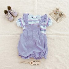 VTG Health-tex Baby Girl Overalls Set 24M  Purple Shortalls  Striped Shirt USA