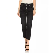 Cabi Jeans Women's Sz 6 Black High Waist Straight Leg Button Fly Cropped Raw Hem