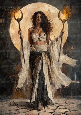 Hekate Göttin Kunstdruck Mond Magie Fantasy Fackeln Mystische Frau Gemälde AF42