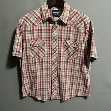 Vintage Wrangler Western Shirt Mens Large Red Plaid Pearl Snap Made in USA