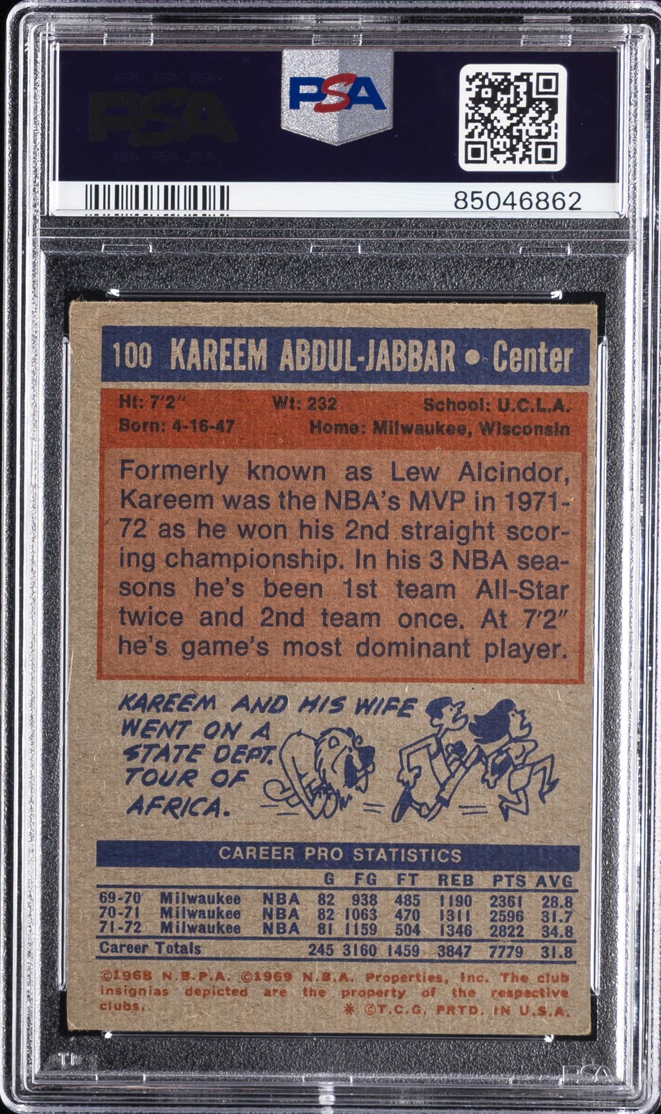 1972 TOPPS #100 KAREEM ABDUL-JABBAR PSA 4 view 2