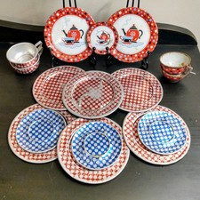 Vtg Tin Litho Dishes Ohio Art Co. Plates, Cups  Creamer 1950s Era Toys 16 pcs