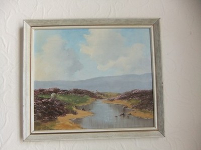 LEWIS CREIGHTON (1918-1996) gerahmtes Ölgemälde Schafe grasen Moorlandschaft