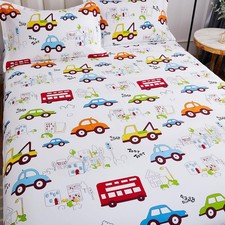 Kids Boys Sheets Queen Size Construction Cars Trucks Cotton Bed Sheets 4 Piec...