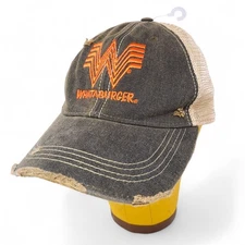 Retro Brand Whataburger Restaurant Denim Distressed Mesh Trucker Hat Cap BLK OS