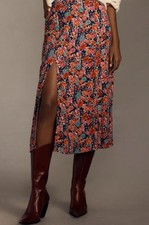 Maeve Anthropologie Lille Side Slit Midi Skirt Navy Pink Floral Size 10 New NWT