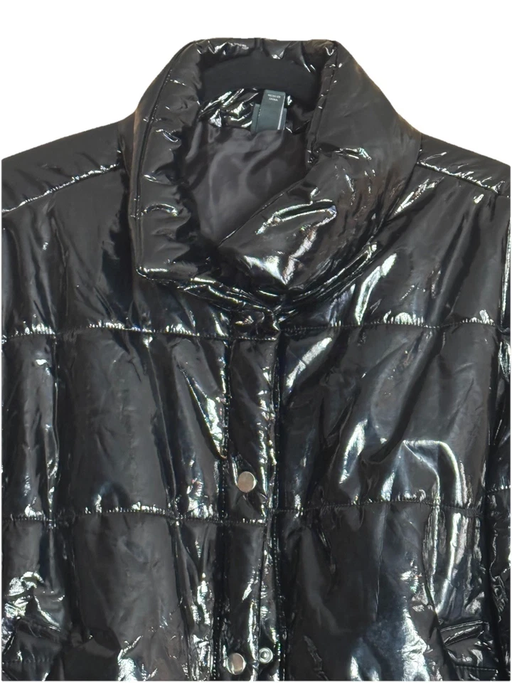 Chaqueta Abrigo Wild Fable Mujer Negro Puffer Frente a Presión Cuero Líquido PVC Aspecto Húmedo Foto 2 de 4