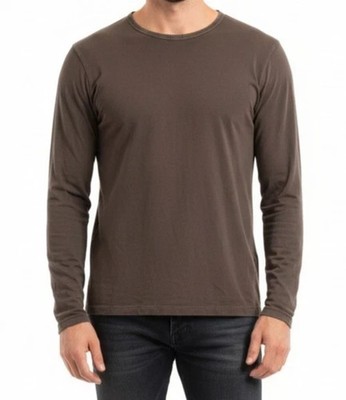 Prada Tee Shirt Mens Brown Cotton Long Sleeve Leather Trim Crew Neck Pullover